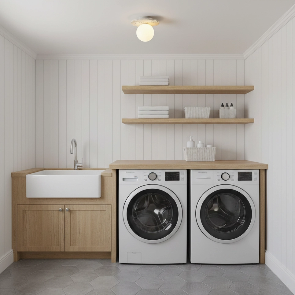 Talia travertine ceiling light installed in contemporary laundry utility room with stacked washer dryer and wooden shelves