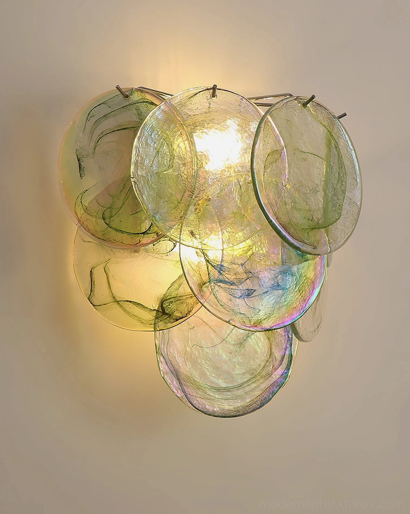 Talia hand-blown glass bubble wall sconce close-up showing authentic artisanal color swirl variations and handcrafted glass cluster formations