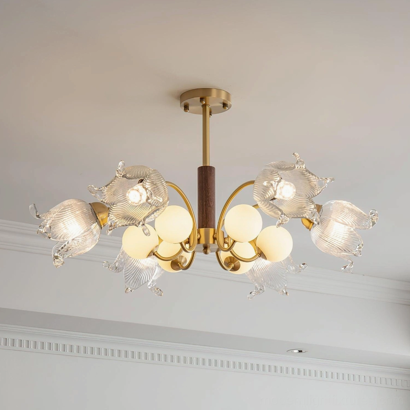 Talia modern 6-head chandelier detail view with clear pleated glass and walnut accents