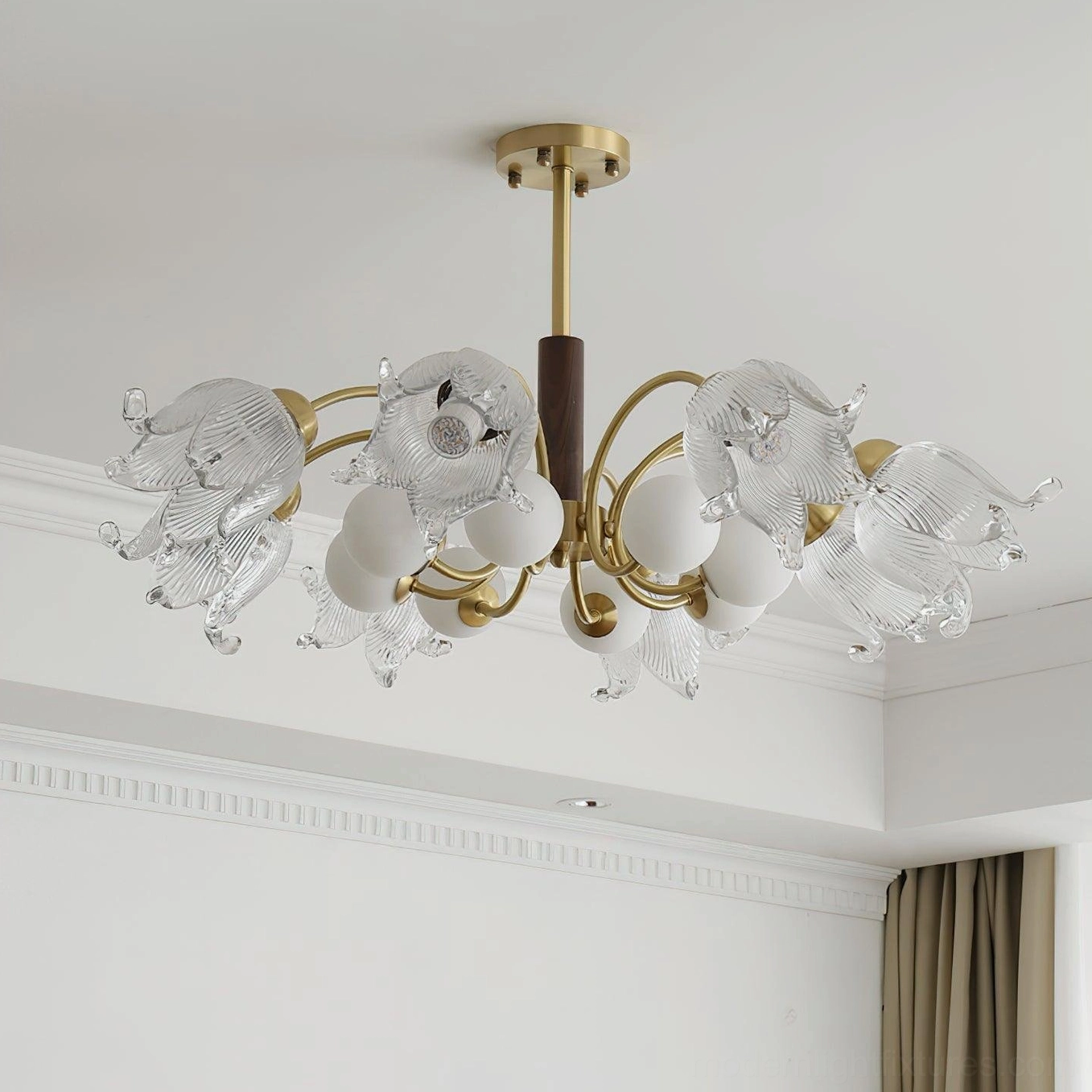 Talia modern 8-head chandelier ceiling view unlit with clear pleated glass and frosted white accents