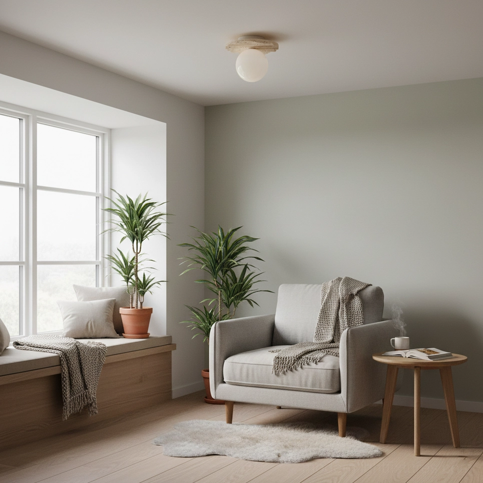 Talia ceiling light fixture in bright minimalist living nook with large window and upholstered armchair