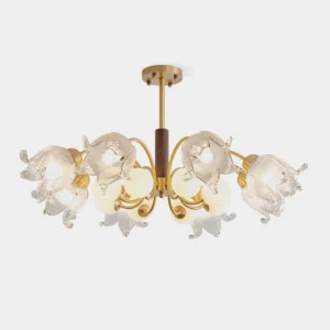 Talia modern chandelier front view with brass frame, walnut wood accents, and pleated glass shades on white background