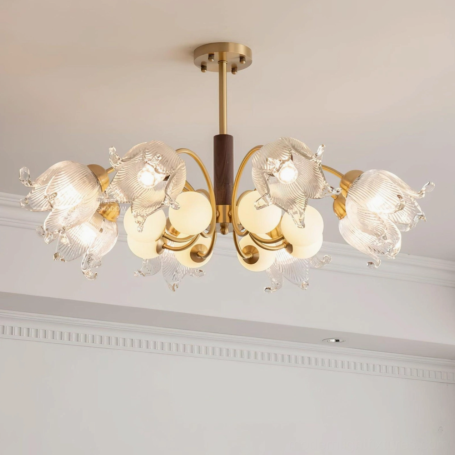 Talia modern chandelier brass walnut wood junction detail showing premium craftsmanship