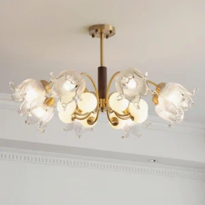 Talia modern chandelier ceiling mounted low-angle view with illuminated warm light in French style interior