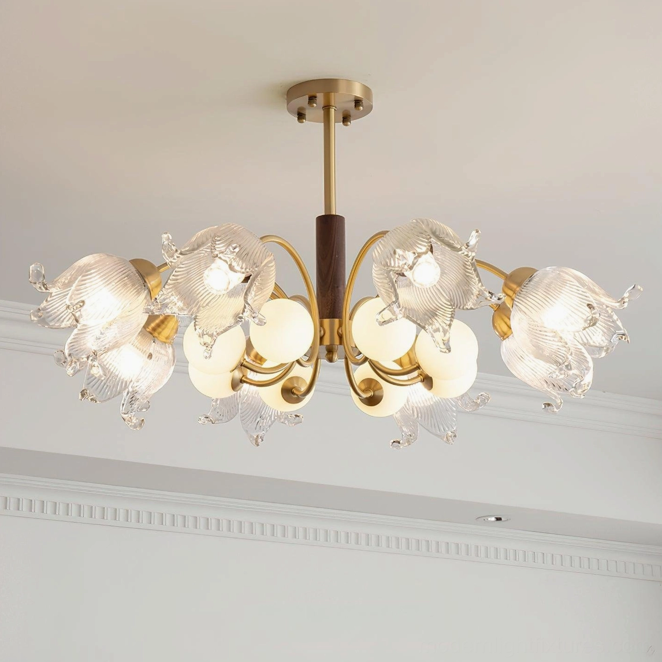Talia modern chandelier ceiling mounted low-angle view with illuminated warm light in French style interior