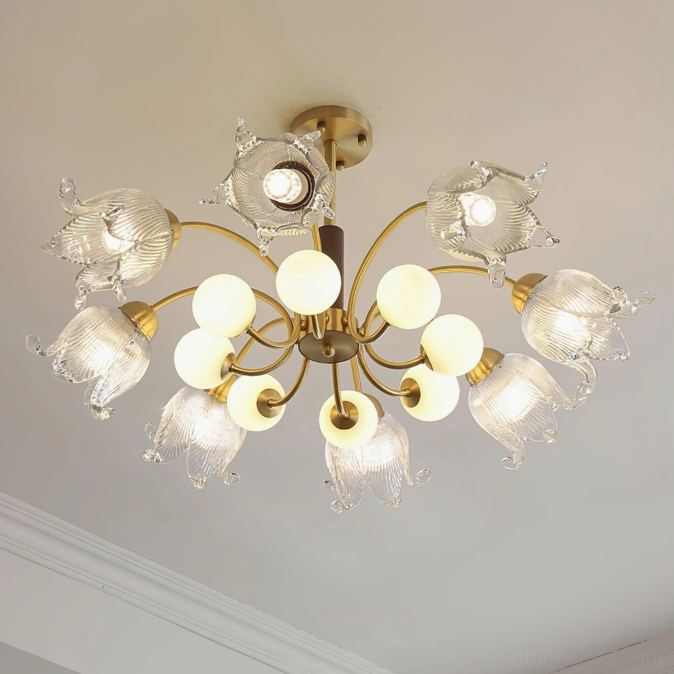Talia modern chandelier pleated glass shade close-up detail with frosted white spherical accents
