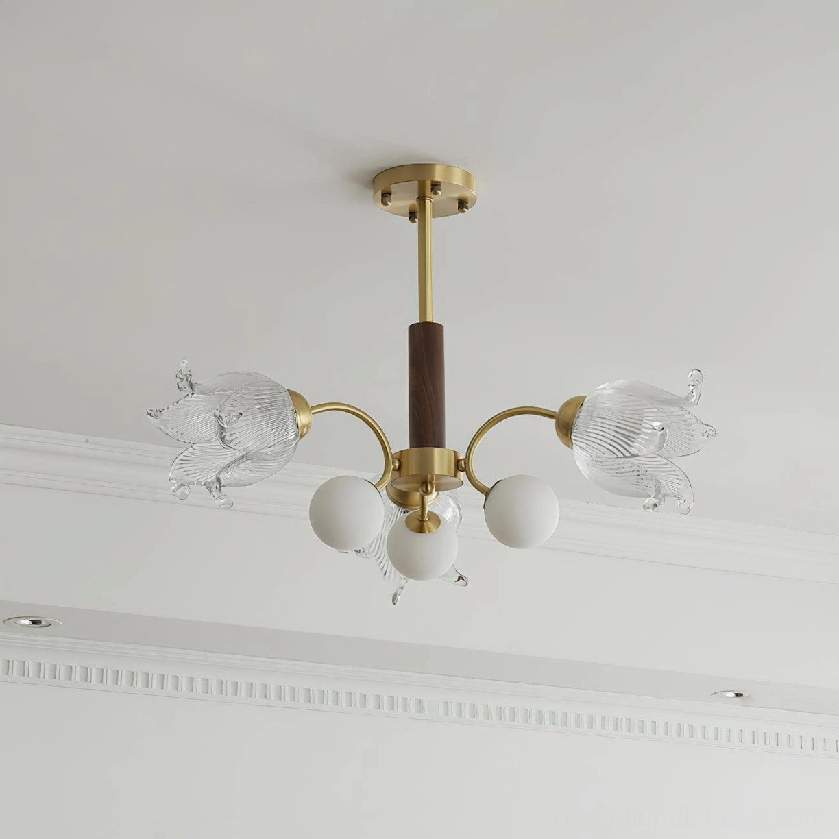 Talia modern 3-head chandelier ceiling view in minimalist white living room with gold walnut frame