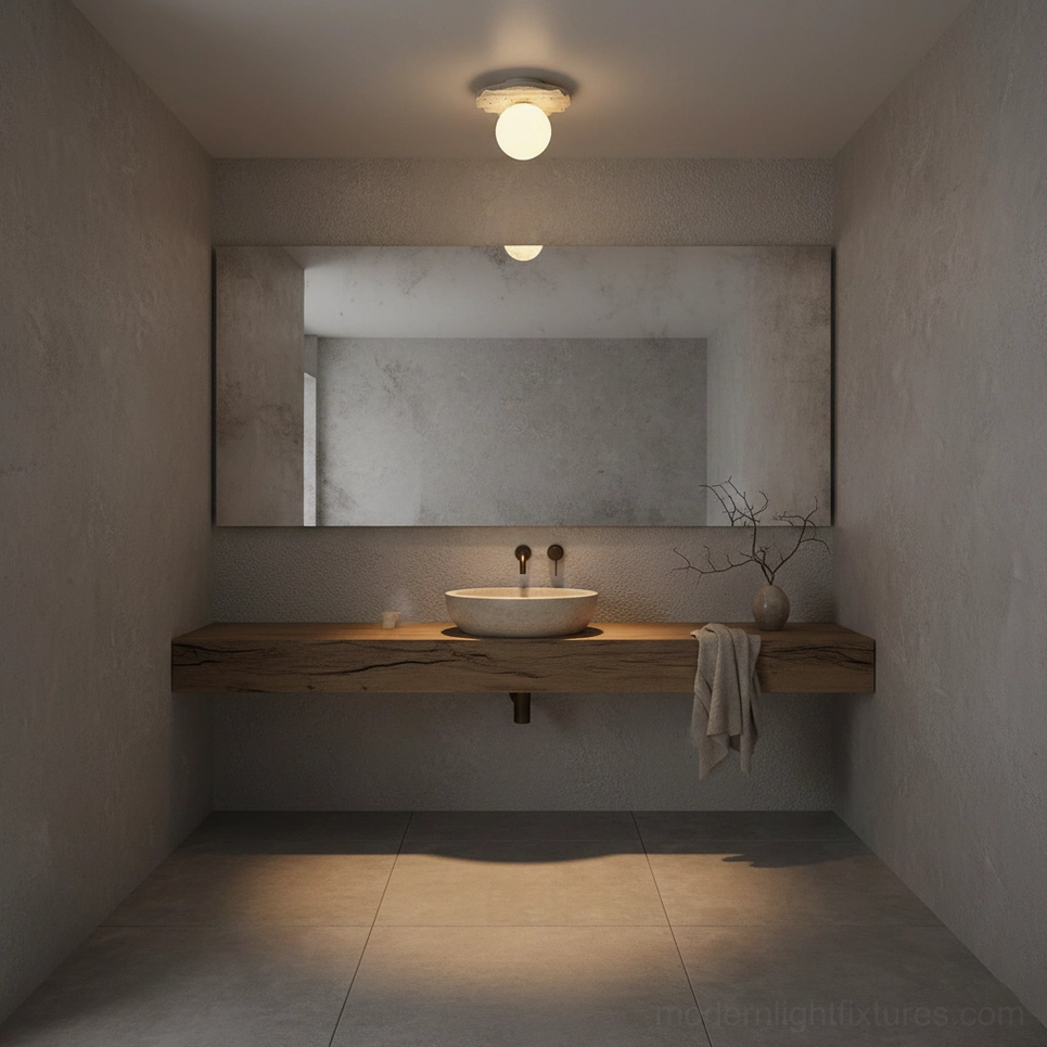 Talia ceiling light fixture close-up showing natural stone travertine texture and frosted glass sphere illumination
