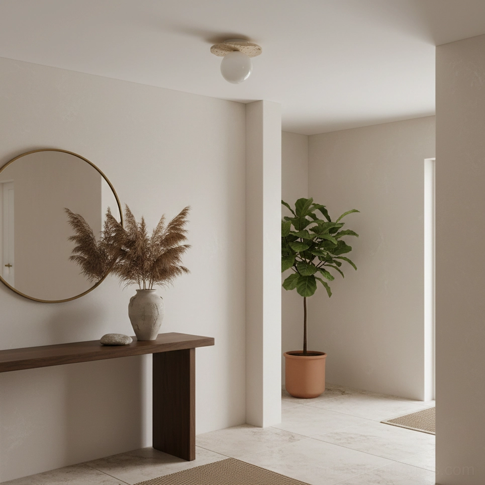 Talia modern ceiling light fixture installed in wabi-sabi style entryway with round mirror and wooden console table