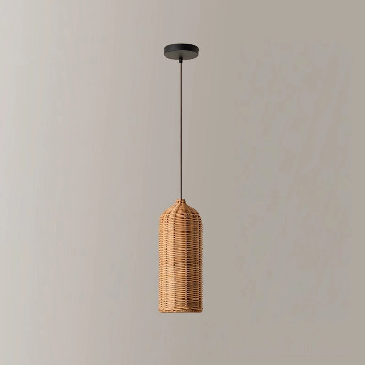 Tall cylinder rattan pendant fixture front view, E27 LED bulb visible through open hand-woven rattan construction