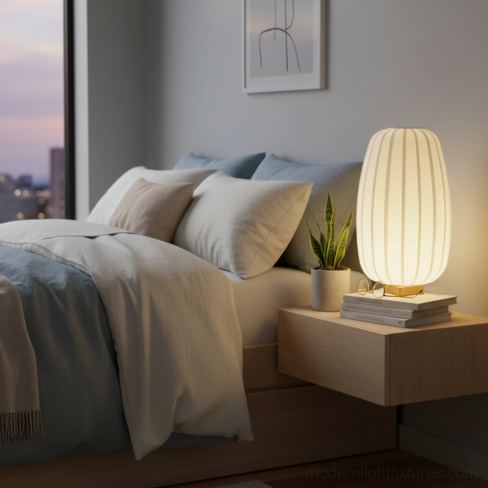 Tall fabric table lamp on floating bedroom nightstand with small potted plant