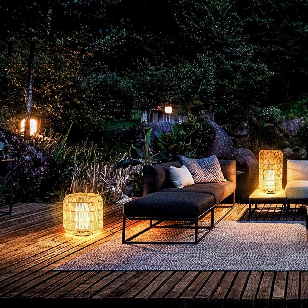 Tall rattan outdoor table lamp grouped with complementary modern boho patio furniture