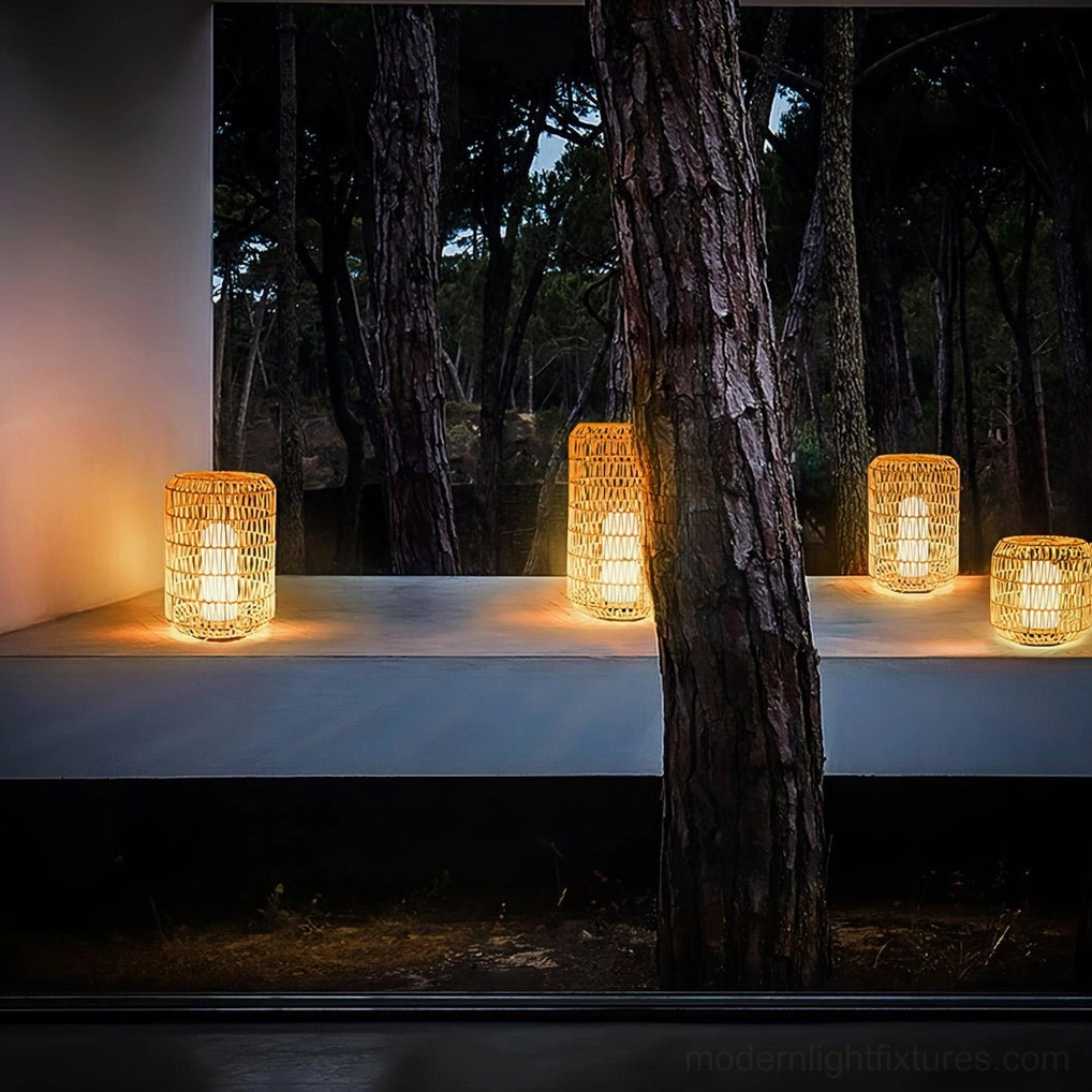 Tall rattan outdoor lamp as focal point in modern minimalist garden landscape design