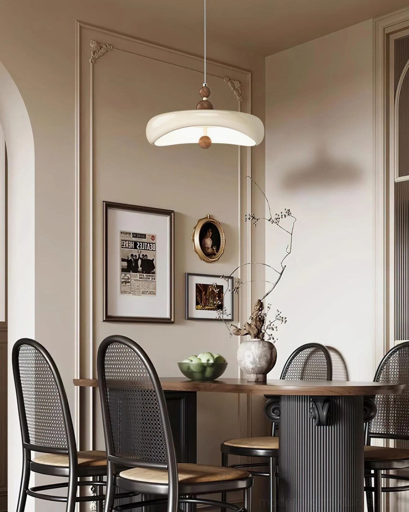 Formal dining room design with Talon minimalist pendant light above wooden dining table and wall art