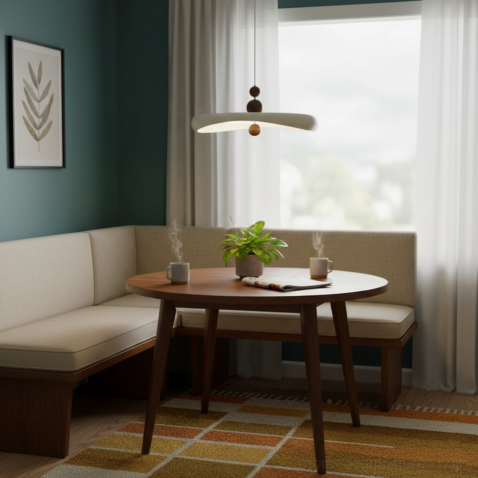 Cozy wabi-sabi dining nook with Talon pendant lamp above round wooden table and green accent wall