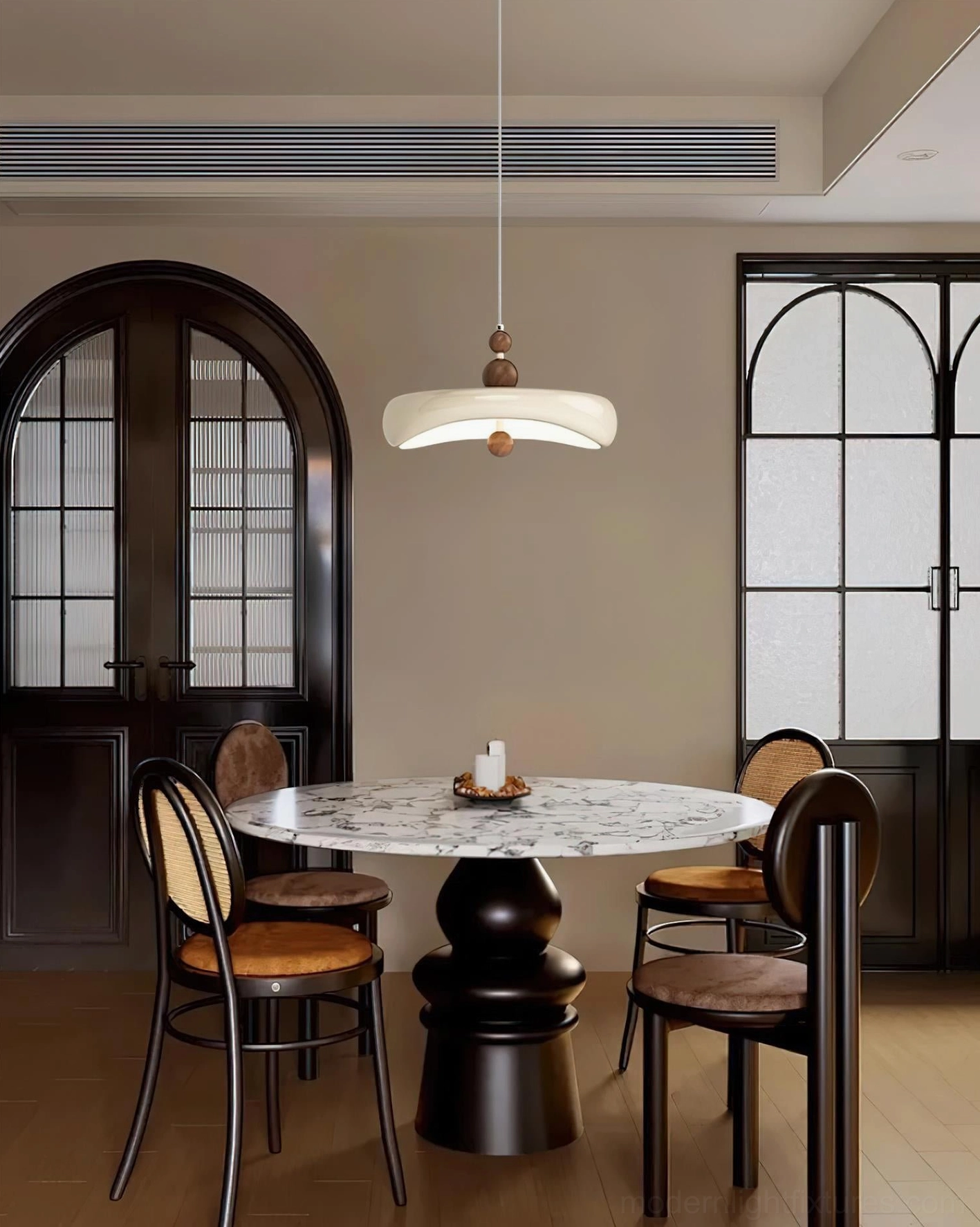 Talon minimalist pendant lamp with walnut wood accent beads and diffused acrylic shade