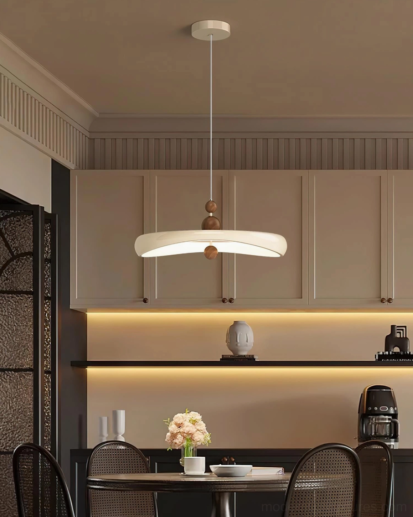 Contemporary kitchen with Talon pendant light fixture installed above island counter
