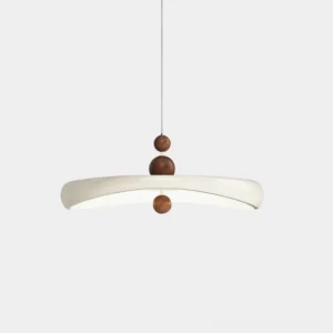 Talon minimalist pendant light with curved acrylic shade and walnut wood accent details, direct front view