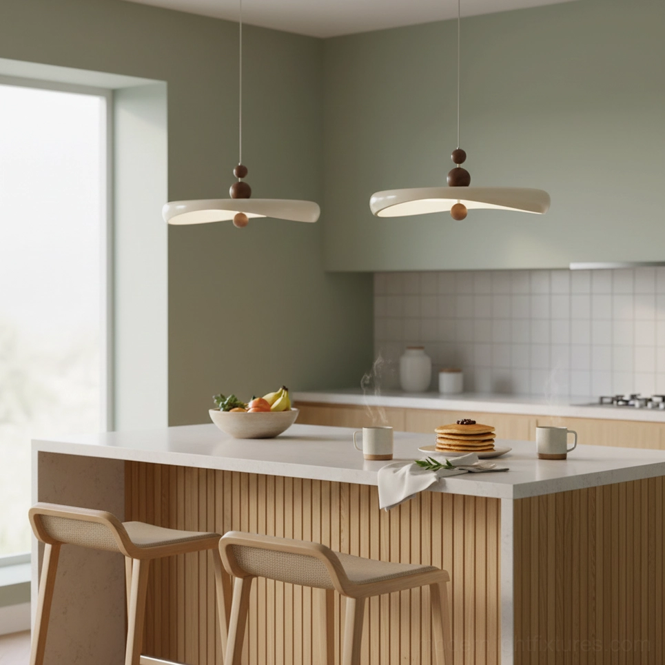 Contemporary kitchen dining zone with paired Talon pendant lights and green accent wall decor