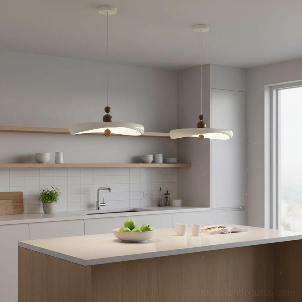 Modern kitchen with two Talon pendant lamps providing bright minimalist lighting over island counter