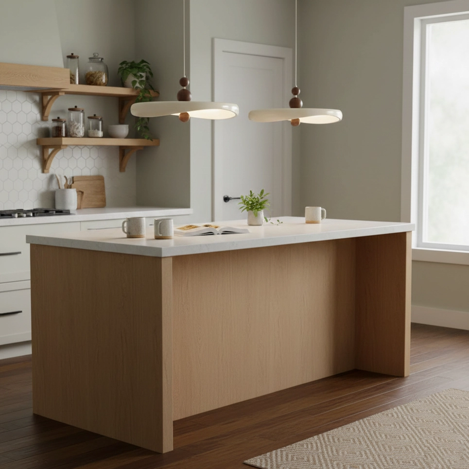 Contemporary kitchen workspace with dual Talon pendant lights above island with wooden accents