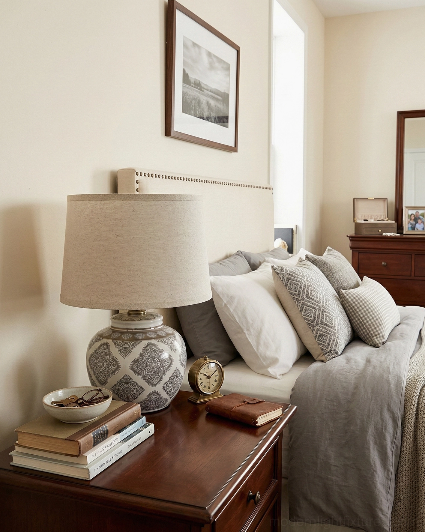 Contemporary bedside table lamp in bedroom setting with neutral bedding and wall art