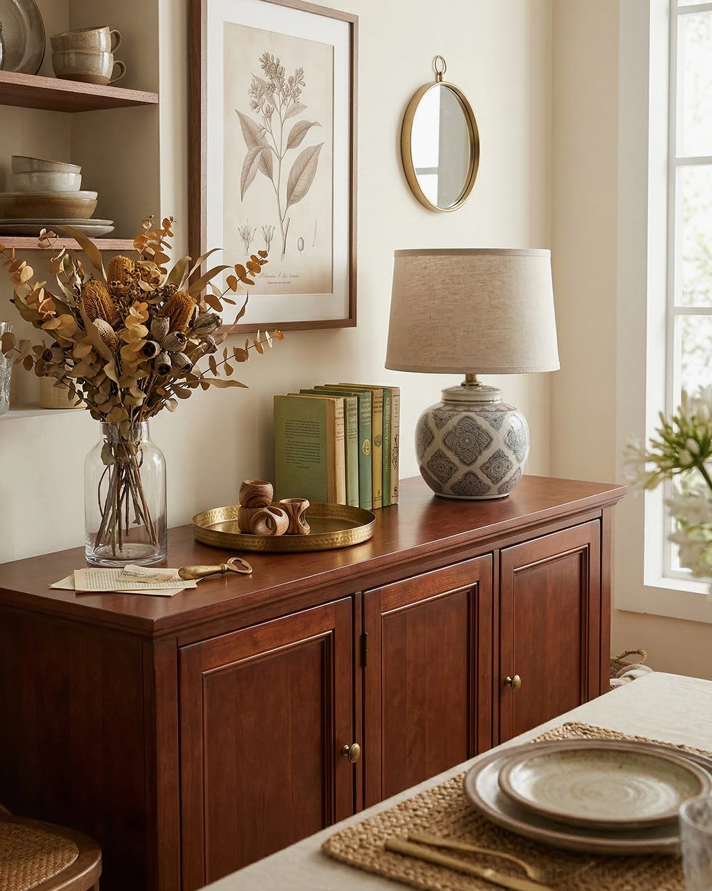 Patterned ceramic table lamp on dining sideboard with dried flowers and tableware display