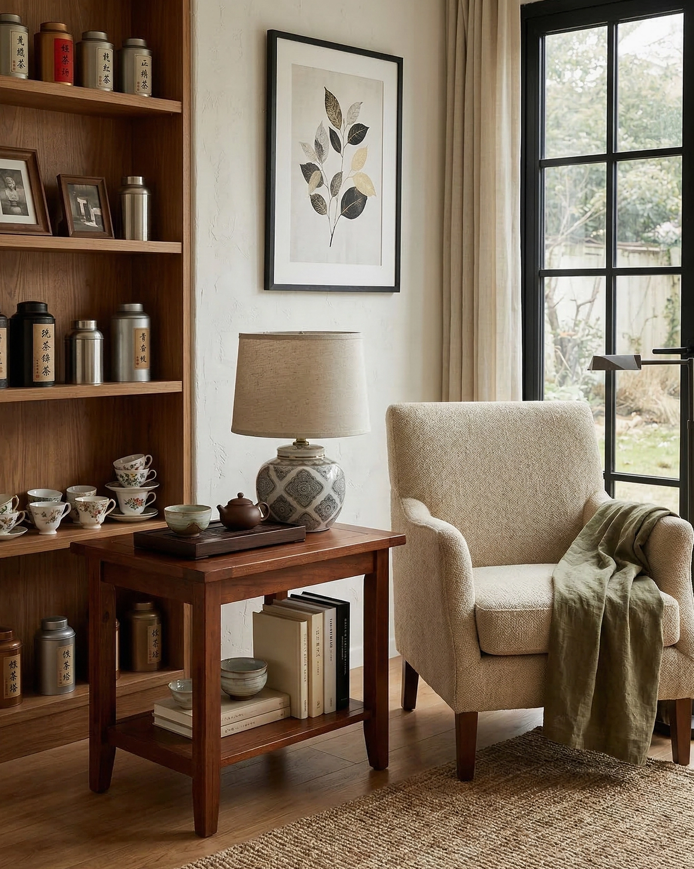 Handcrafted ceramic table lamp in reading nook with storage, books, and jar decor