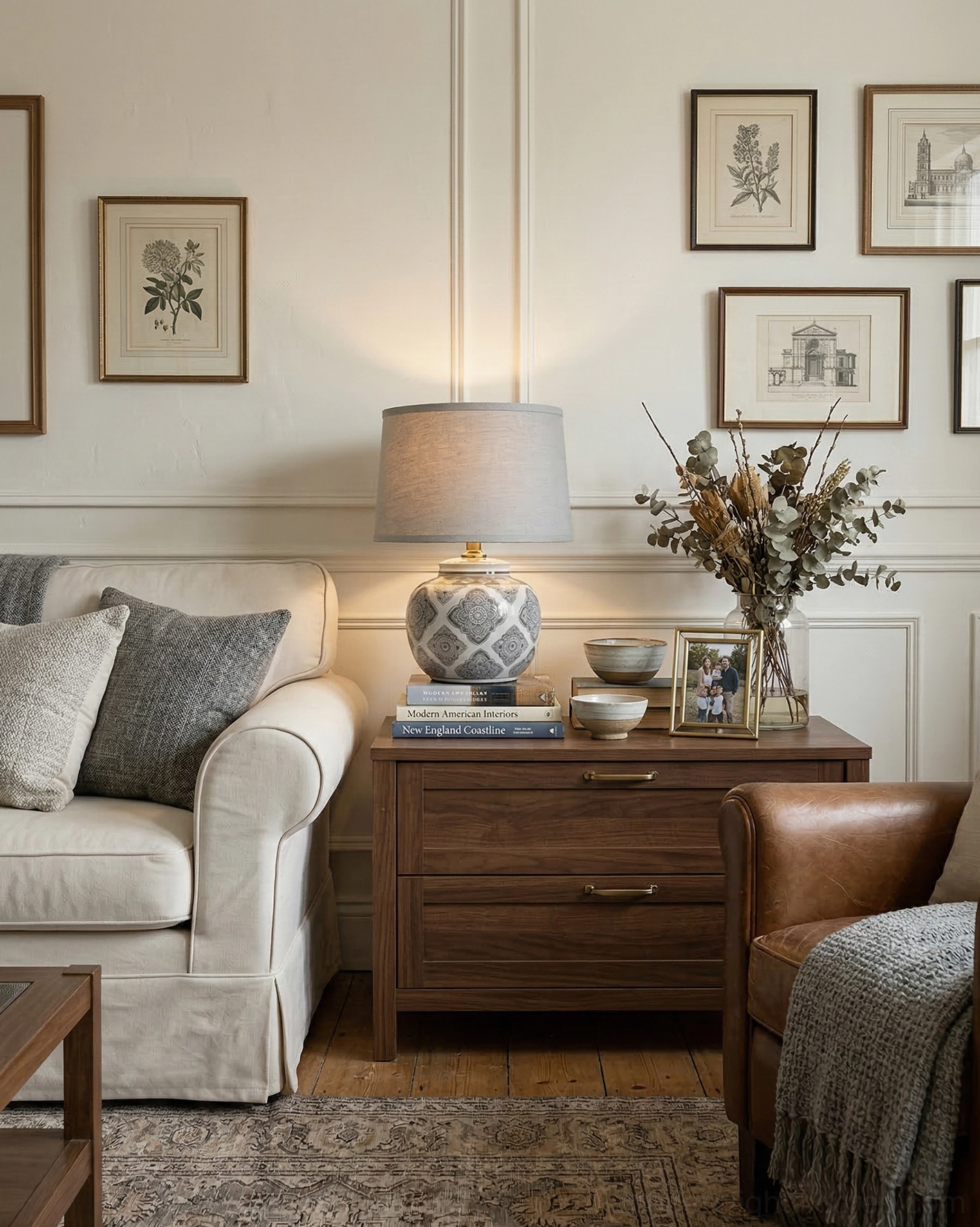 Living room ceramic table lamp with botanical wall art and modern sofa lounge setting