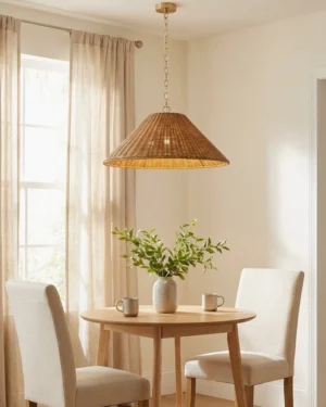 Talora rattan pendant lighting a cozy bohemian dining nook with light wood table and neutral furnishings