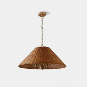 Talora hand-woven rattan cone pendant light with polished metal chain and canopy on white background