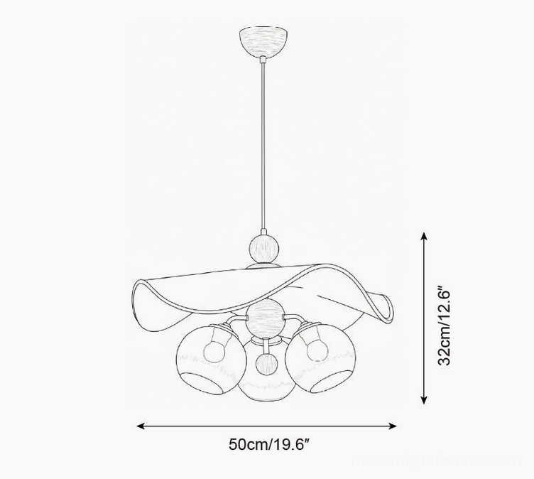 Talvera pendant light technical schematic showing dimensions and sculptural wavy shade design
