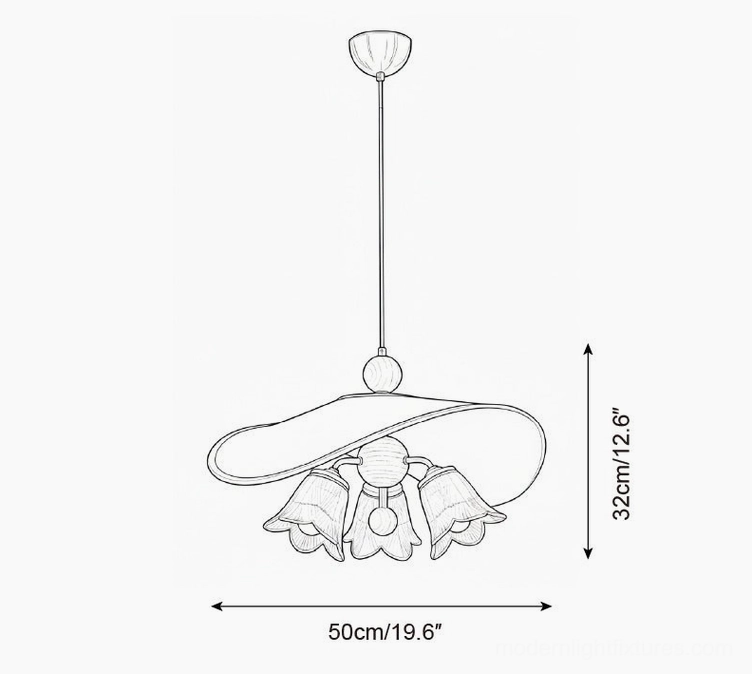 Talvera floral-inspired pendant light design drawing with dimensional specifications