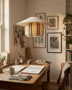 Tansora boho pendant light installed above wooden desk in home office study space, warm ambient glow