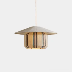 Tansora striped linen and cotton pendant light with cream and multicolor stripe drum shade, front studio view