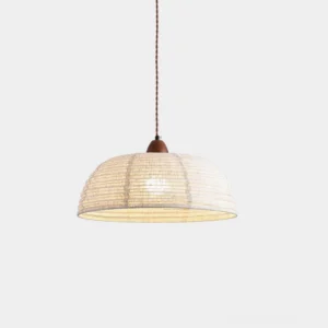 Tanto Japanese woven pendant light with beige ribbed fabric shade and walnut wood accents, frontal studio view of modern dining fixture