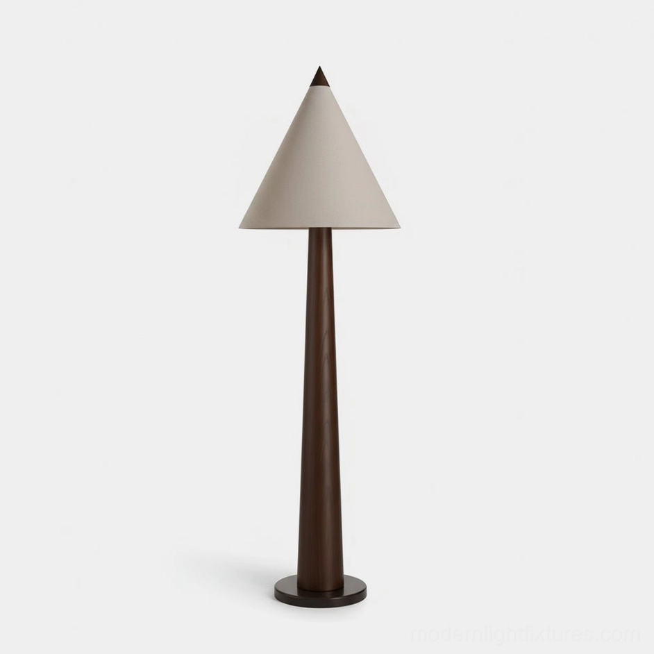 Taper Crest modern tapered floor lamp with black pole and beige linen cone shade, studio front view
