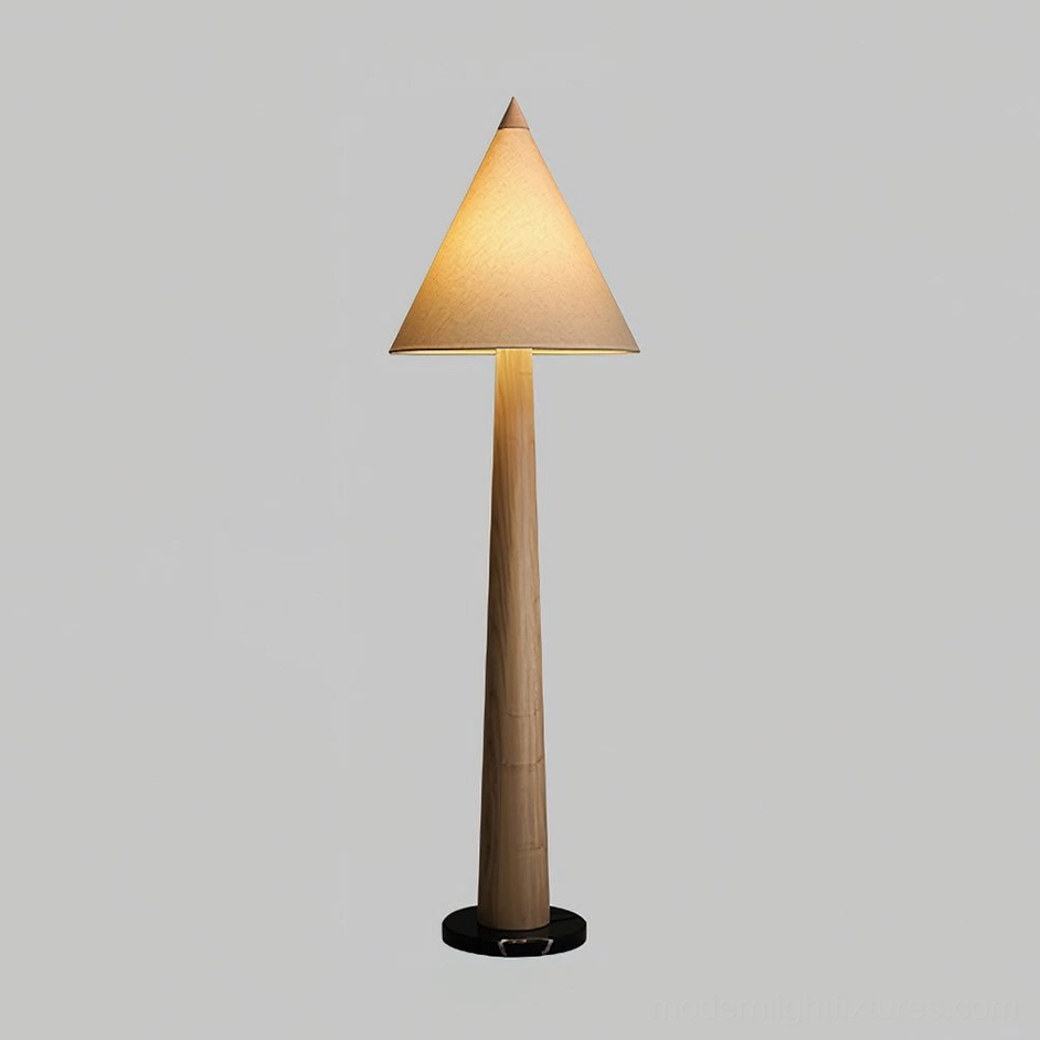 Modern floor lamp featuring tapered pole in various color options and soft linen cone shade