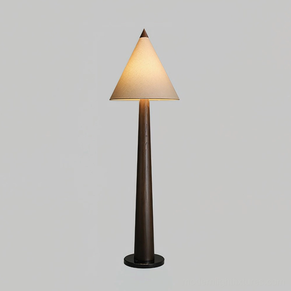 Minimalist tapered floor lamp design with cone shade and tapered wooden pole architectural style