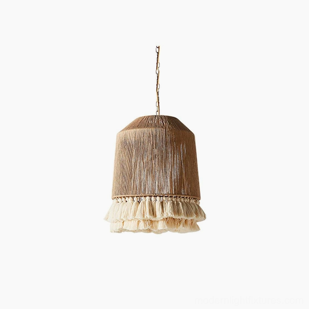 Tapered boho tassel pendant lamp model A in neutral interior setting, artistic styling