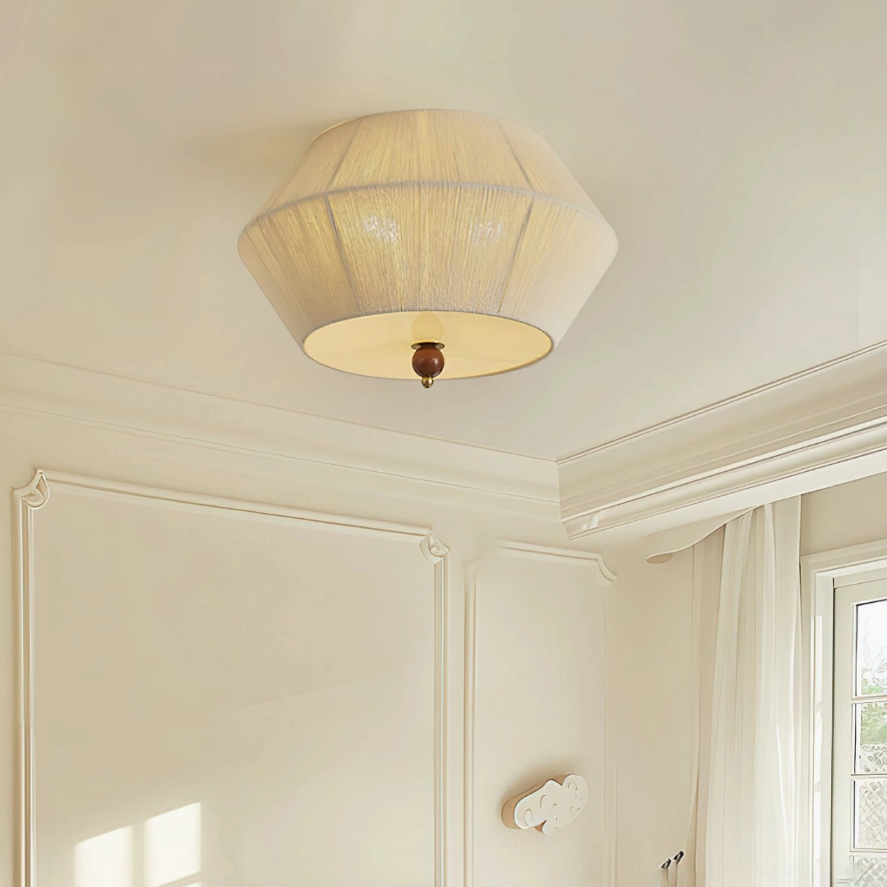 Geometric tapered shade form of contemporary fabric ceiling light demonstrating clean architectural lines