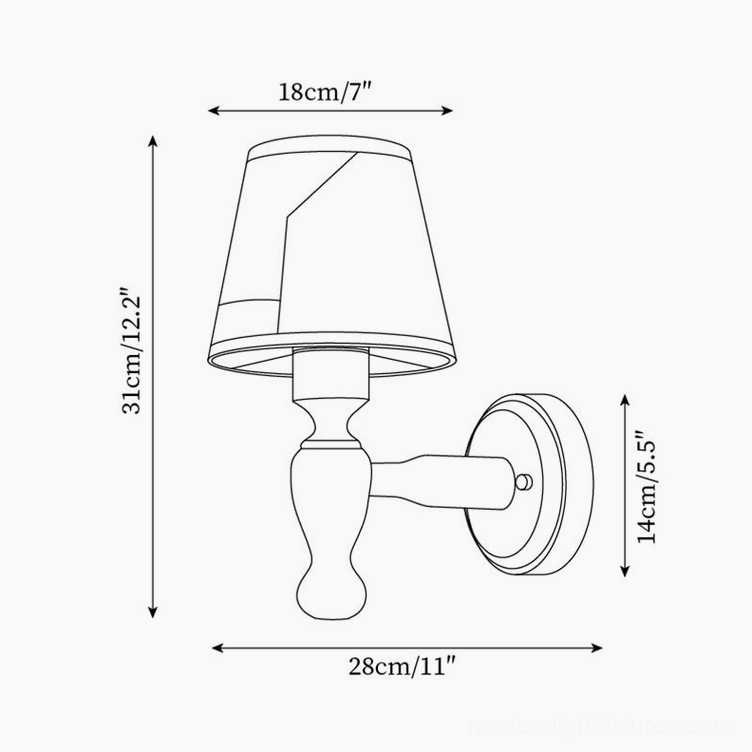 Design schematic for tapered fabric lampshade wall sconce, orthographic view