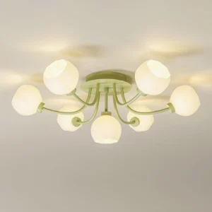 Modern multi-head flower ceiling lamp with eight light heads in creamy white frosted glass and botanical sage green frame
