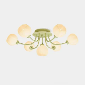 Taras lily flower ceiling light fixture with seven frosted white bud shades and sage green metal frame - overhead front view