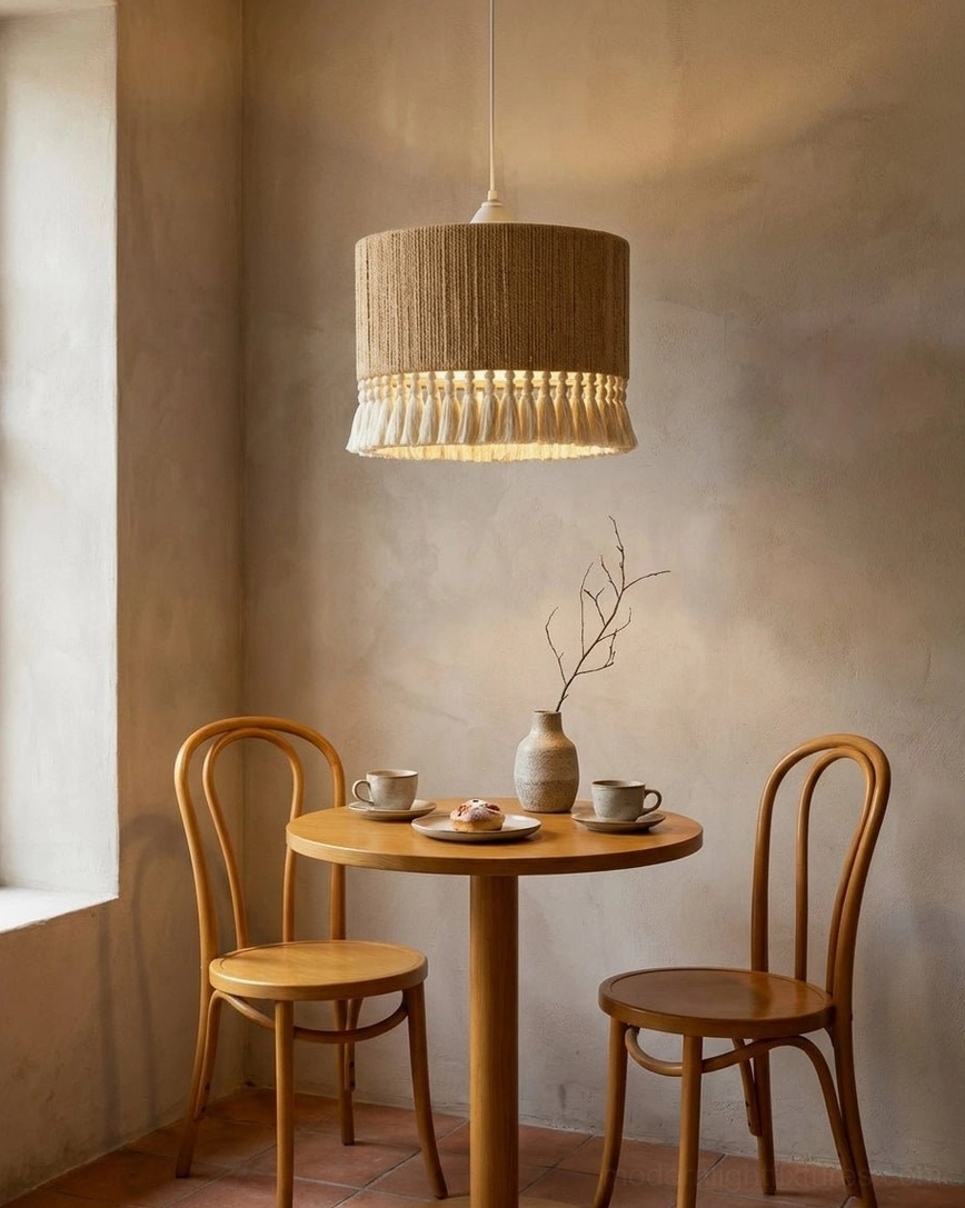 Hand-wound cotton cord pendant with beaded fringe over cafe-style dining in rustic boho home