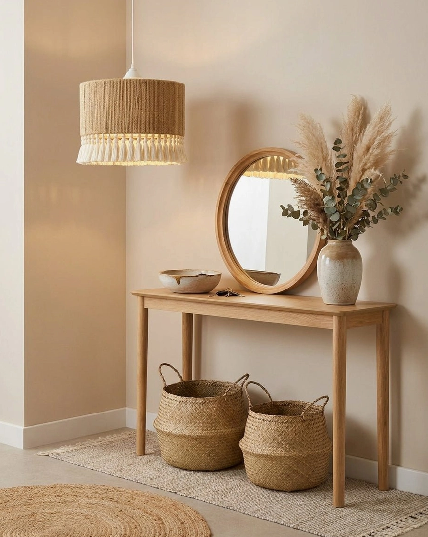 Boho pendant light with tassel trim in entryway vanity area paired with woven storage baskets