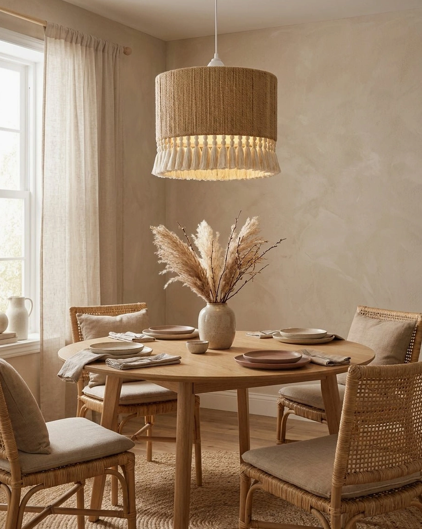 Large tassel pendant fixture hanging over family dining room table with warm farmhouse design