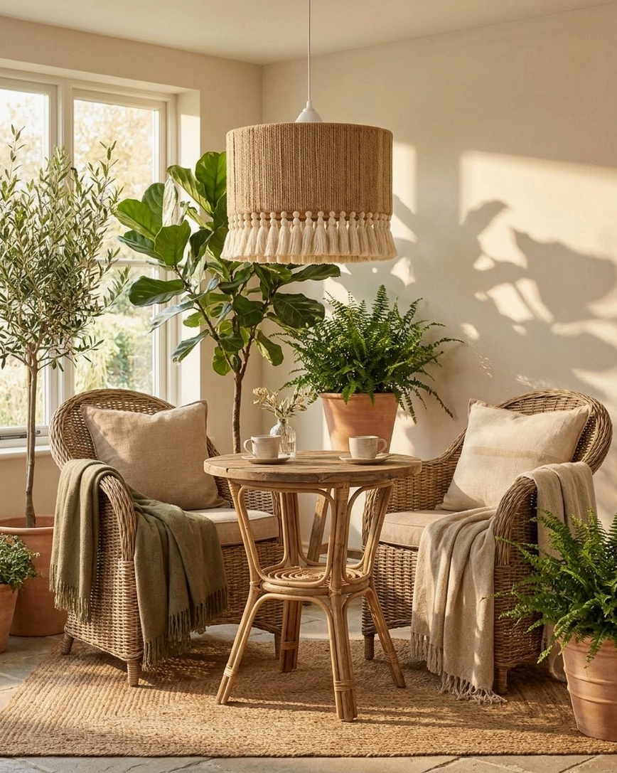 Woven tassel pendant light in living room corner surrounded by potted green plants tropical boho style