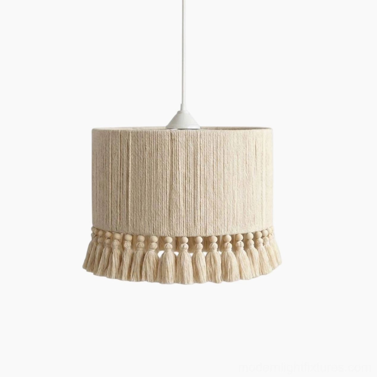 Natural tan cotton cord wrapped pendant with wood-tone beads farmhouse style dining lighting