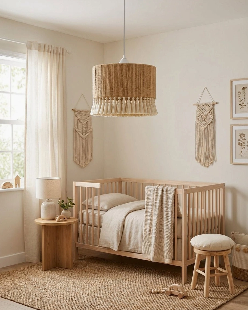 Soft cotton cord pendant light in neutral tone nursery with macrame wall hangings bohemian style